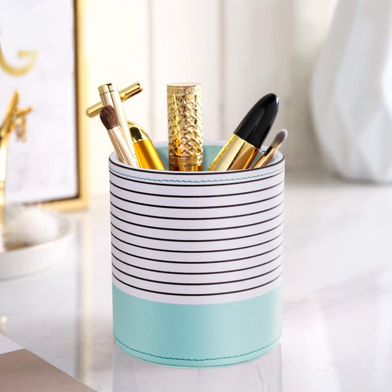 WAVEYU Pen Holder, Pencil Cup Pot Desk Organizer Multi Purpose Use Cute for Adults Kids Luxury Leather Makeup Brush Holder for Home, Office, Classroom, Stripes Mint Green - Image 3